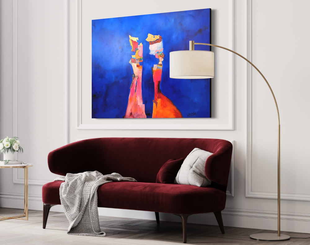 48" x 36" Instant De Confession artwork by Lau Blou. Acrylic and mixed media on canvas, cobalt blue clouds and abstract rock formations with gold leaf