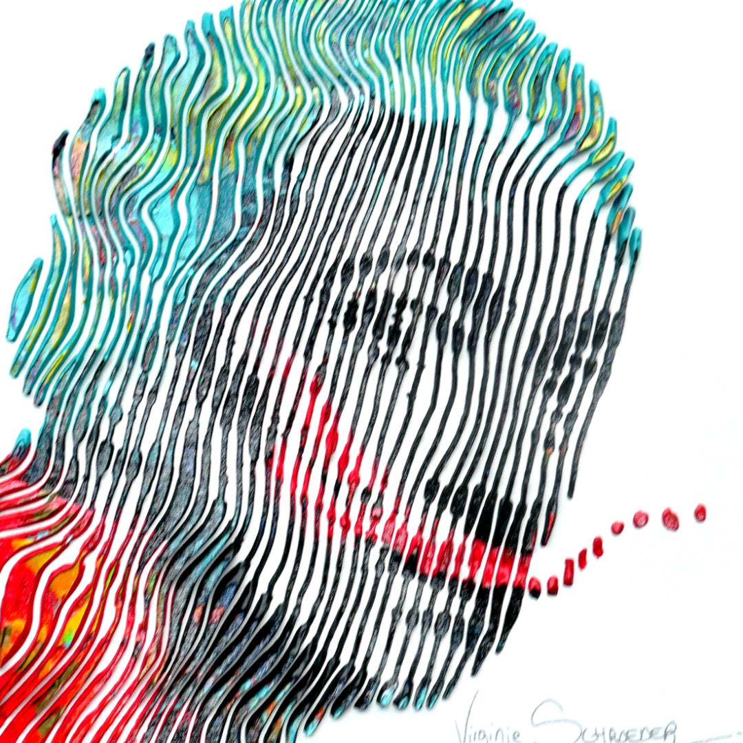 Virginie Schroeder "I Love Dali Forever", 10" x 10" white and multicolor abstract painting. Acrylic and oil on canvas.