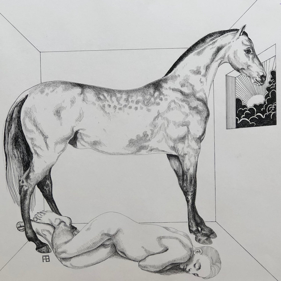 Du Sommeil Au Rêve, artwork by Florent Blache. Ink on paper. 14 by 14 inches.