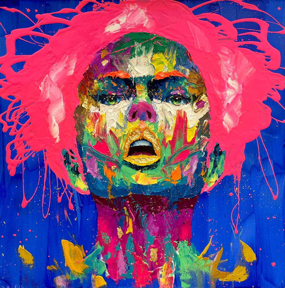 straight on portrait of woman face mouth open in thick gestural brushstrokes in bright neon color on blue background splattered pink hair