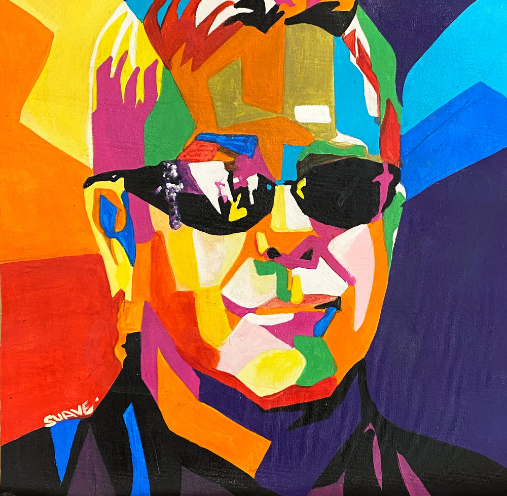 Suave Gonzalez "Elton", multicolor geometric abstract portrait. Acrylic on 14x14" canvas.