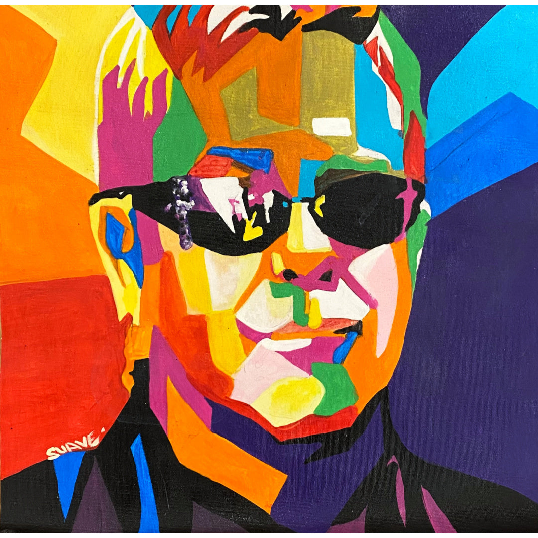 Suave Gonzalez "Elton", multicolor geometric abstract portrait. Acrylic on 14x14" canvas.