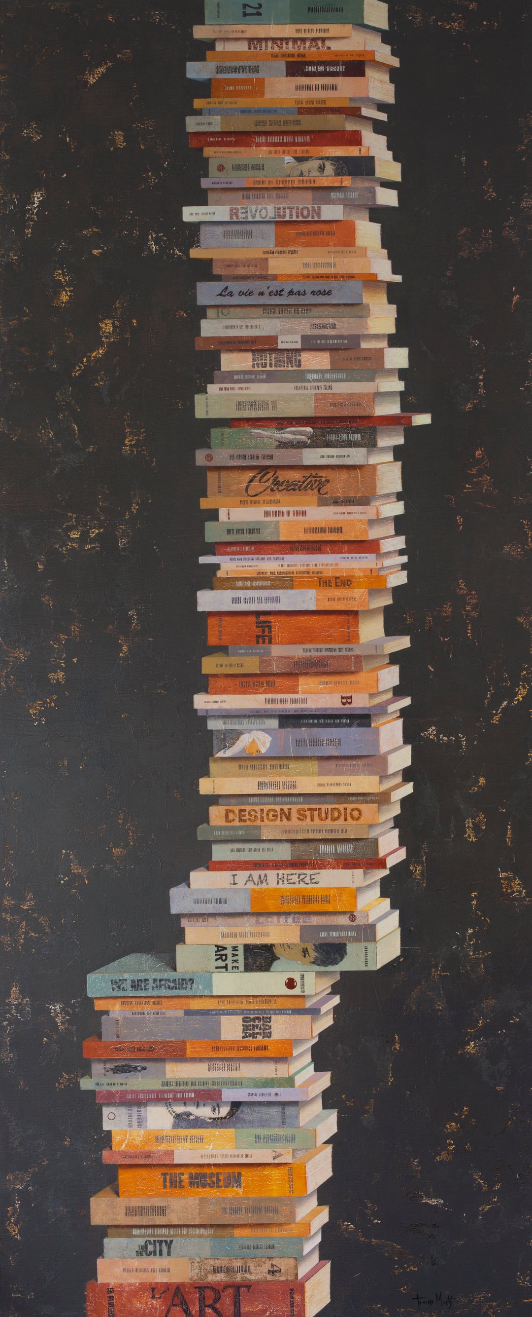 Equilibrium III, artwork by Tomasa Martín. Oil and acrylic on linen painting of stacked books on a charcoal gray background.