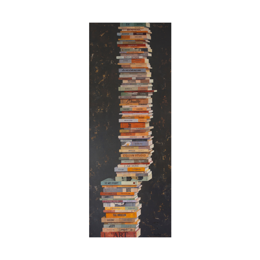 Equilibrium III, artwork by Tomasa Martín. Oil and acrylic on linen painting of stacked books on a charcoal gray background.