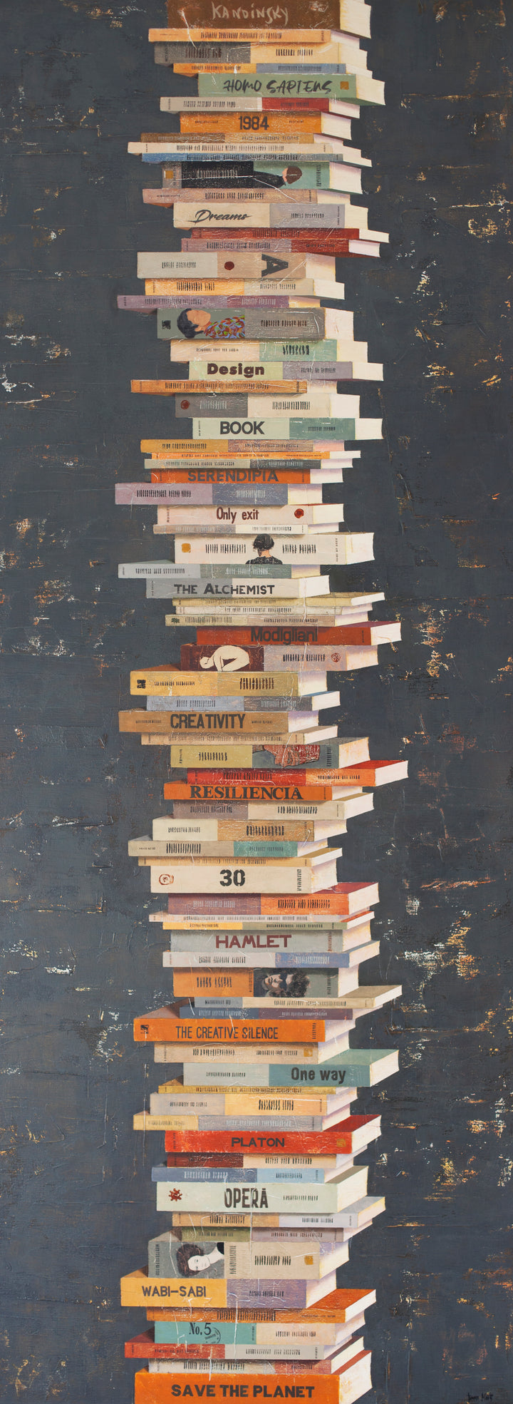 Equilibrium IV, artwork by Tomasa Martín, 29" x 77". Oil and acrylic on linen, vertical painting of stacked books on a charcoal gray background.