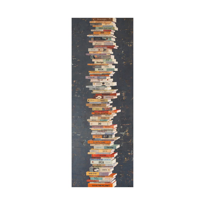 Equilibrium IV, artwork by Tomasa Martín, 29" x 77". Oil and acrylic on linen, vertical painting of stacked books on a charcoal gray background.
