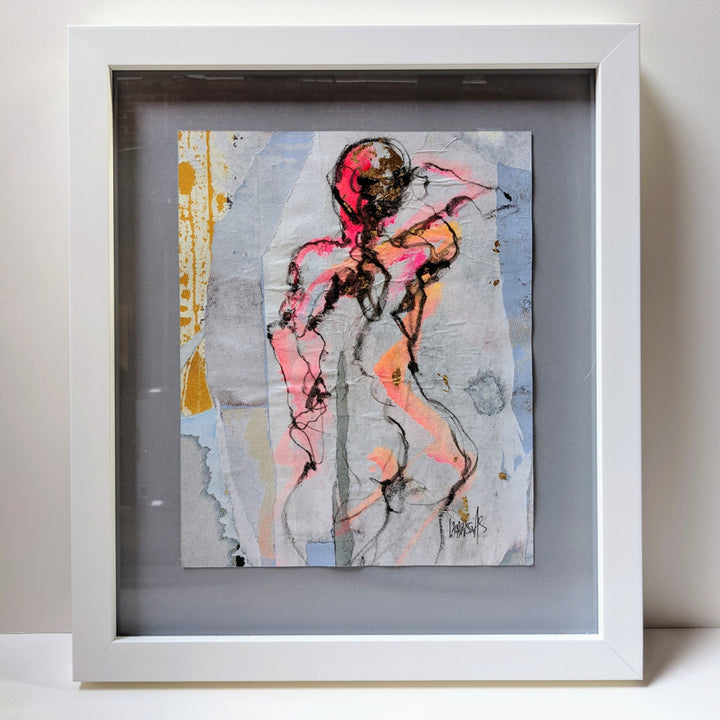 Esquisse IV, artwork by Corinne Labarussias. Charcoal, watercolor, &amp; gold leaf on recycled paper. 18.25 by 16 inches.