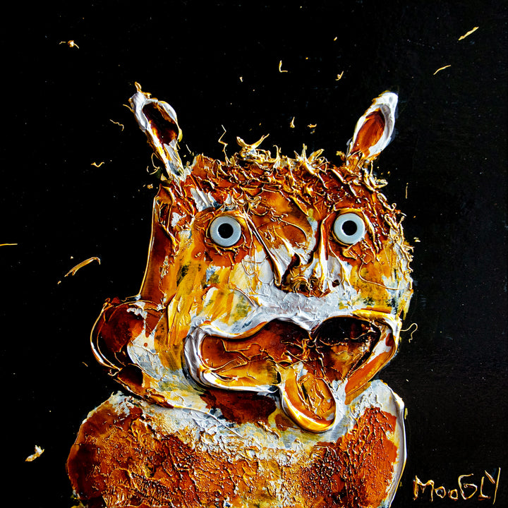 Moogly "Trashed", 14" x 14" black and orange abstract animal painting. Acrylic and collage on board.