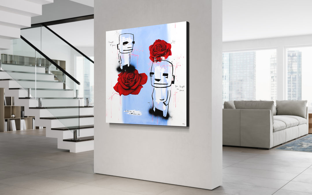 Flower Shop, painting by Jan-Hein Arens, displayed in a home. Acrylics, ink, and varnish on canvas. 39.4 by 39.4 inches.