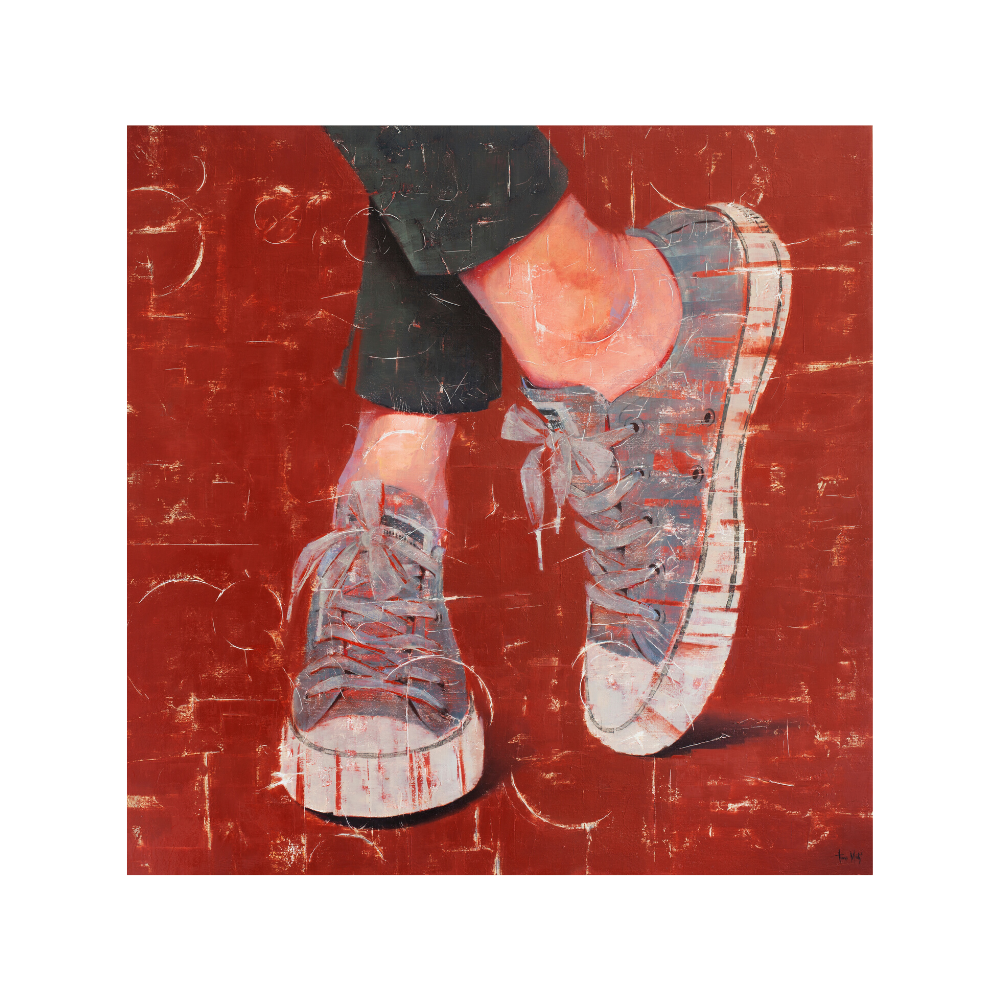 Fons Vermell, 40" x 40" artwork by Tomasa Martín. Oil and acrylic on linen painting of gray sneakers on a red background.