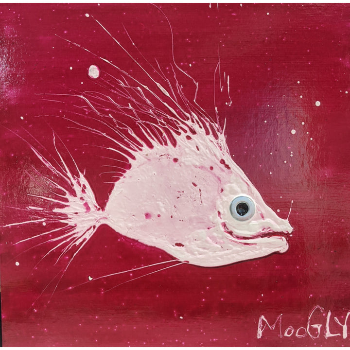Frayed, artwork by Moogly. Acrylic and collage on cardboard. 10 by 10 inches.
