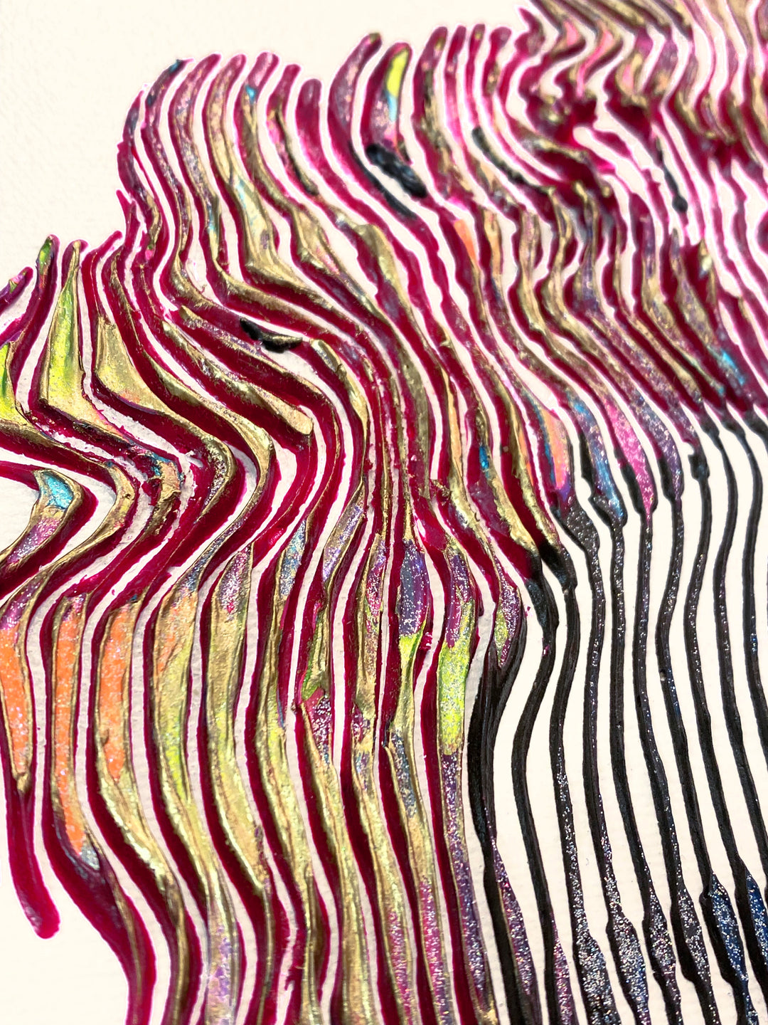 Detail of Virginie Schroeder "Frida Khalo, The Most Talented Artist I Know", 10" x 10" white and multicolor abstract portrait painting. Acrylic and oil on canvas.