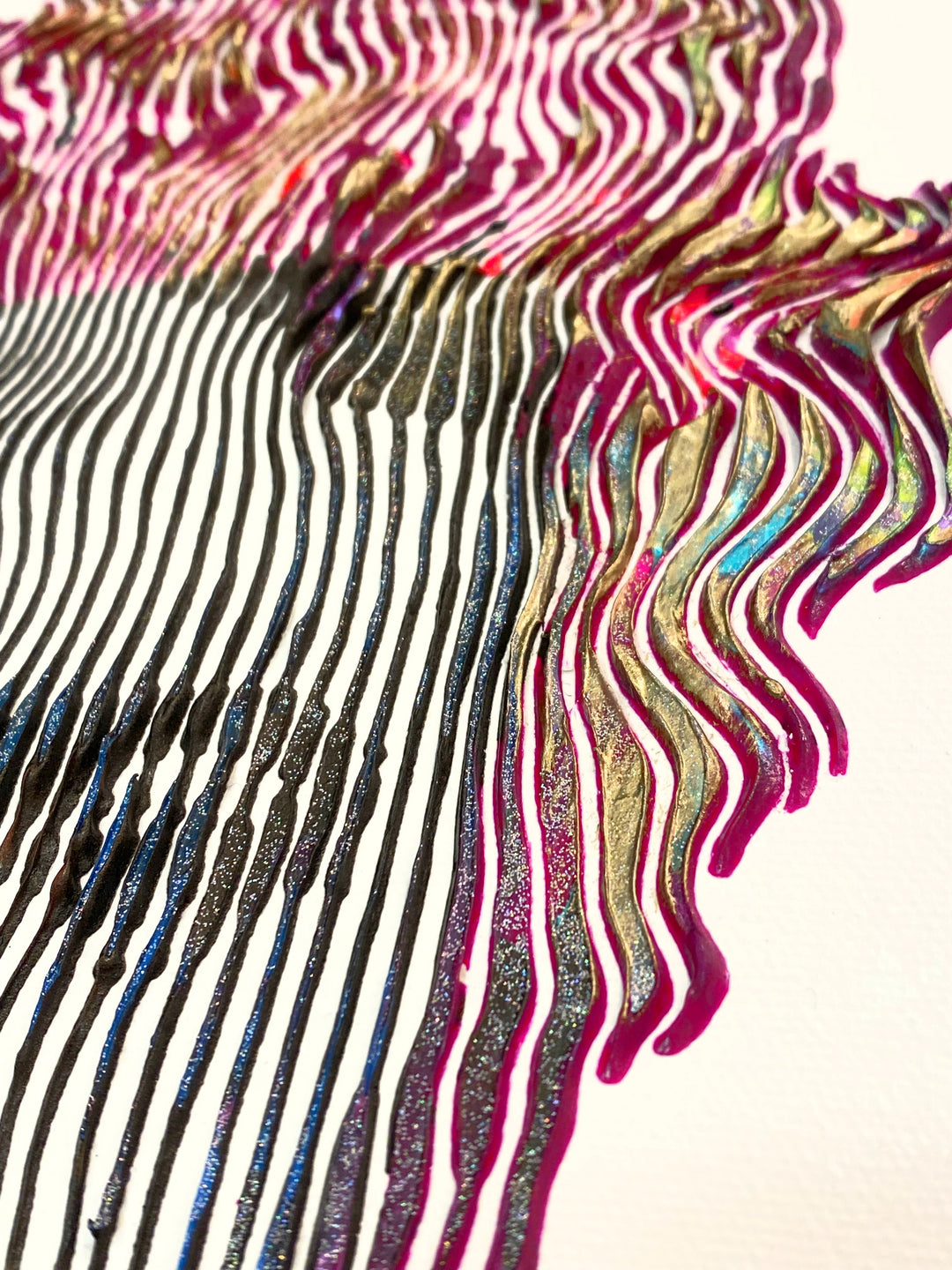 Detail of Virginie Schroeder "Frida Khalo, The Most Talented Artist I Know", 10" x 10" white and multicolor abstract portrait painting. Acrylic and oil on canvas.