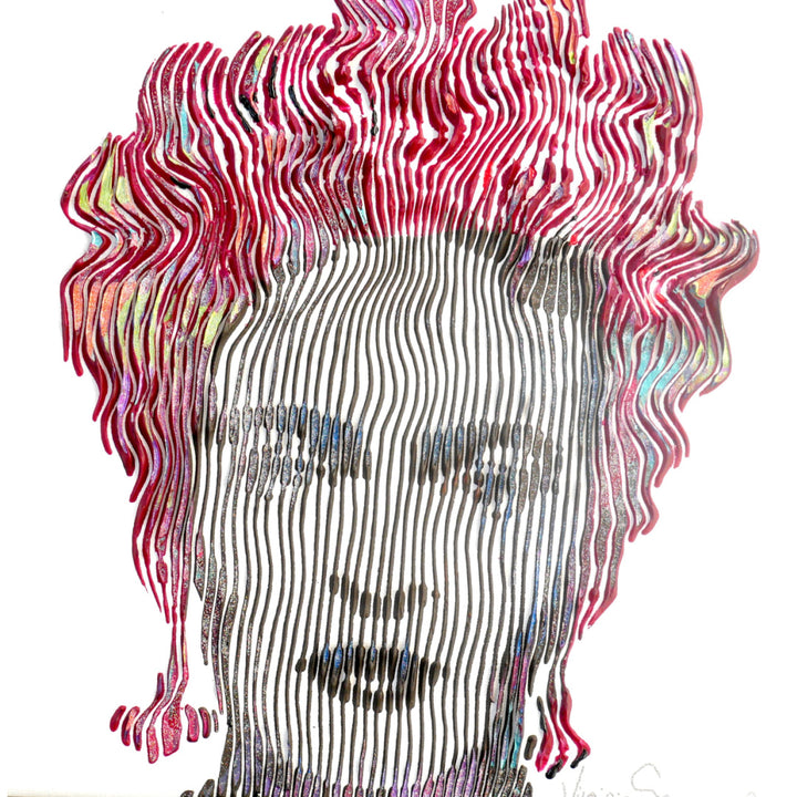 Virginie Schroeder "Frida Khalo, The Most Talented Artist I Know", 10" x 10" white and multicolor abstract portrait painting. Acrylic and oil on canvas.
