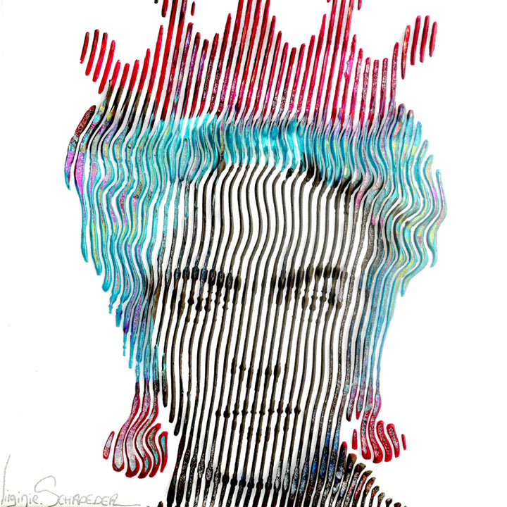 Virginie Schroeder "Frida Khalo, The Queen of The Artist In The World", 10" x 10" white and multicolor abstract portrait painting. Acrylic and oil on canvas.