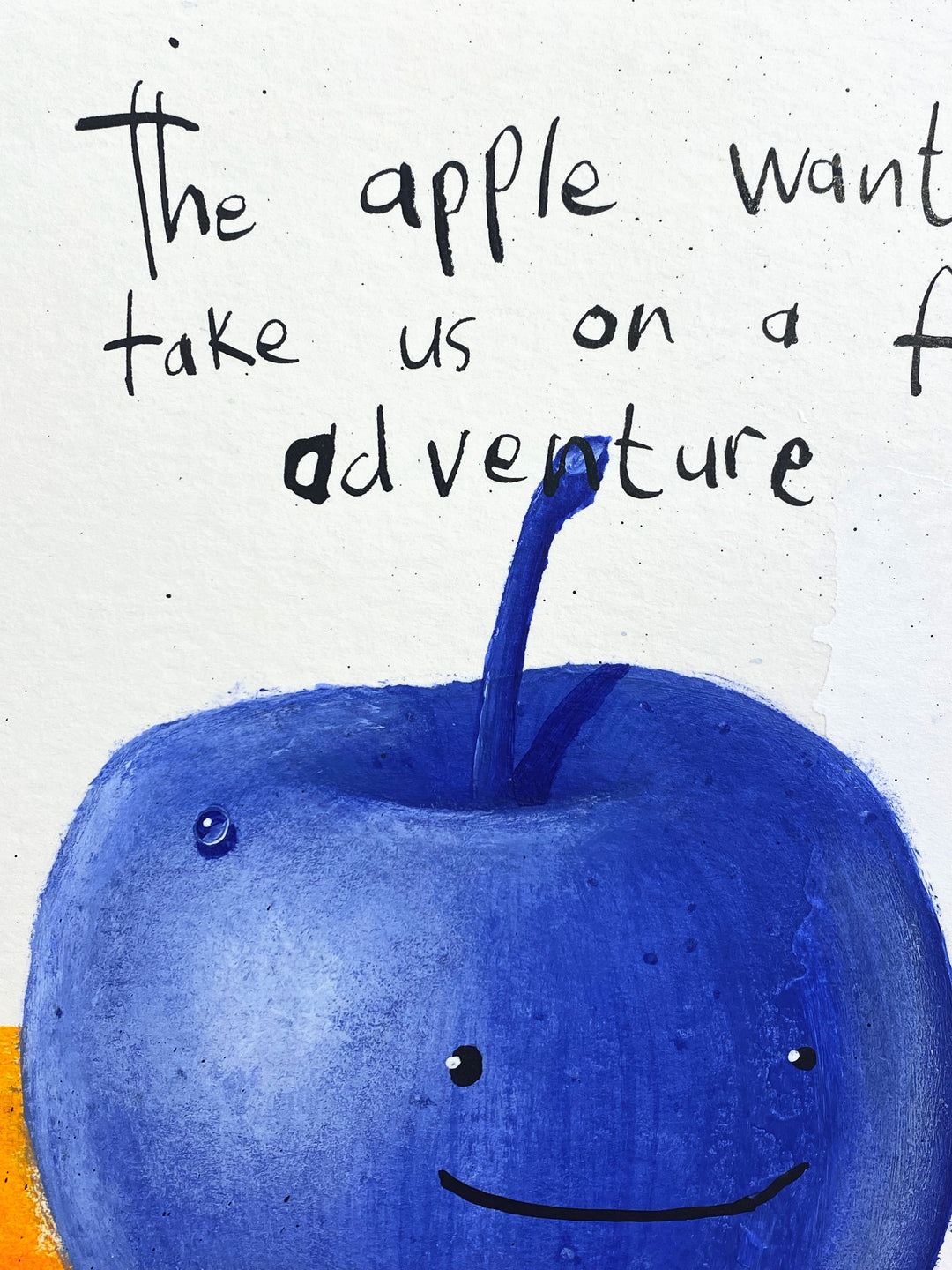Detail of Jan-Hein Arens "Fructose Adventure". Blue, orange and white figurative illustration with text, acrylics and ink on 14"x14" paper.