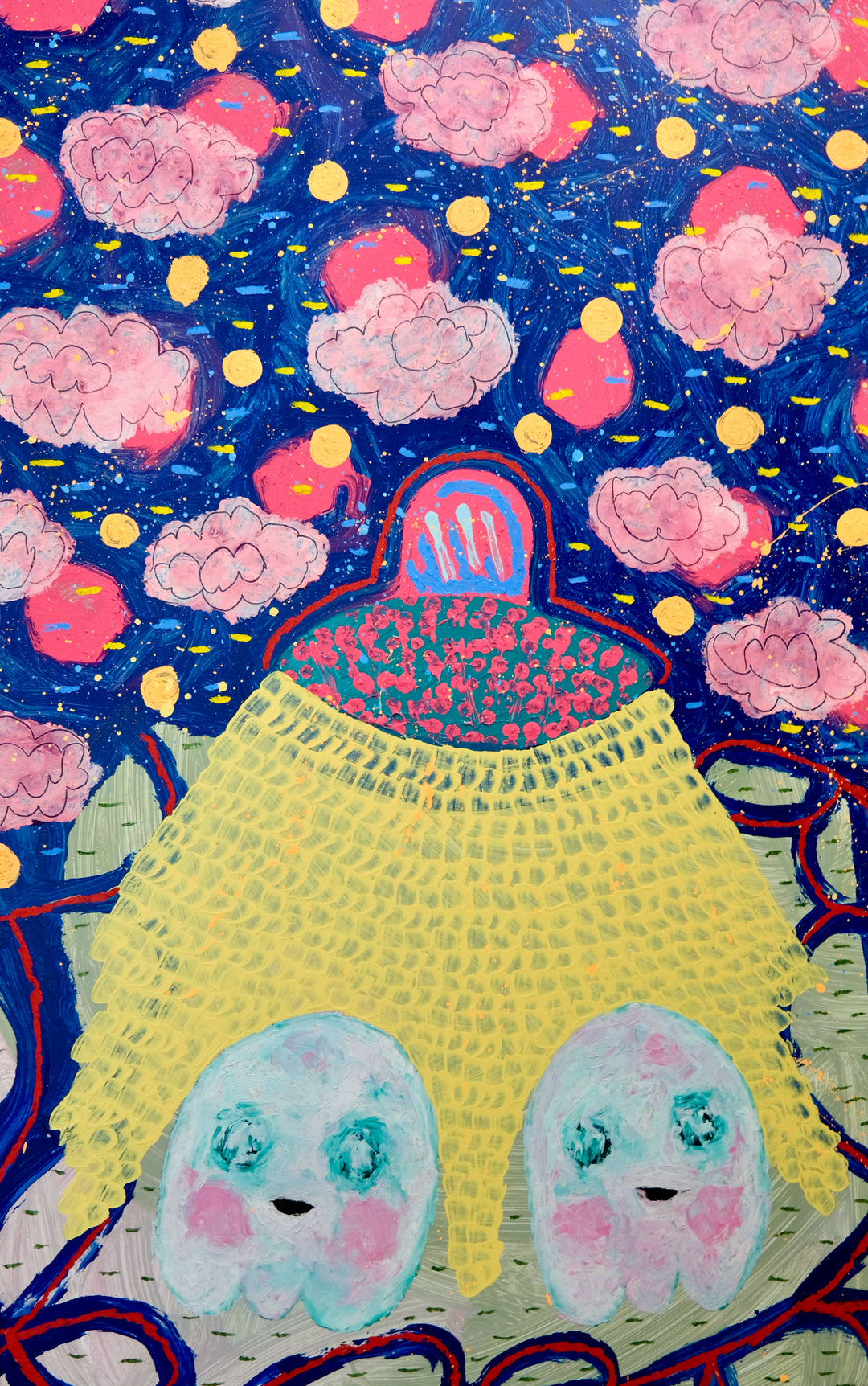 Ghost Buddy Abduction at the Greenport Dock, artwork by Adam Handler. Oil stick and acrylic on canvas. 50 by 32 inches.