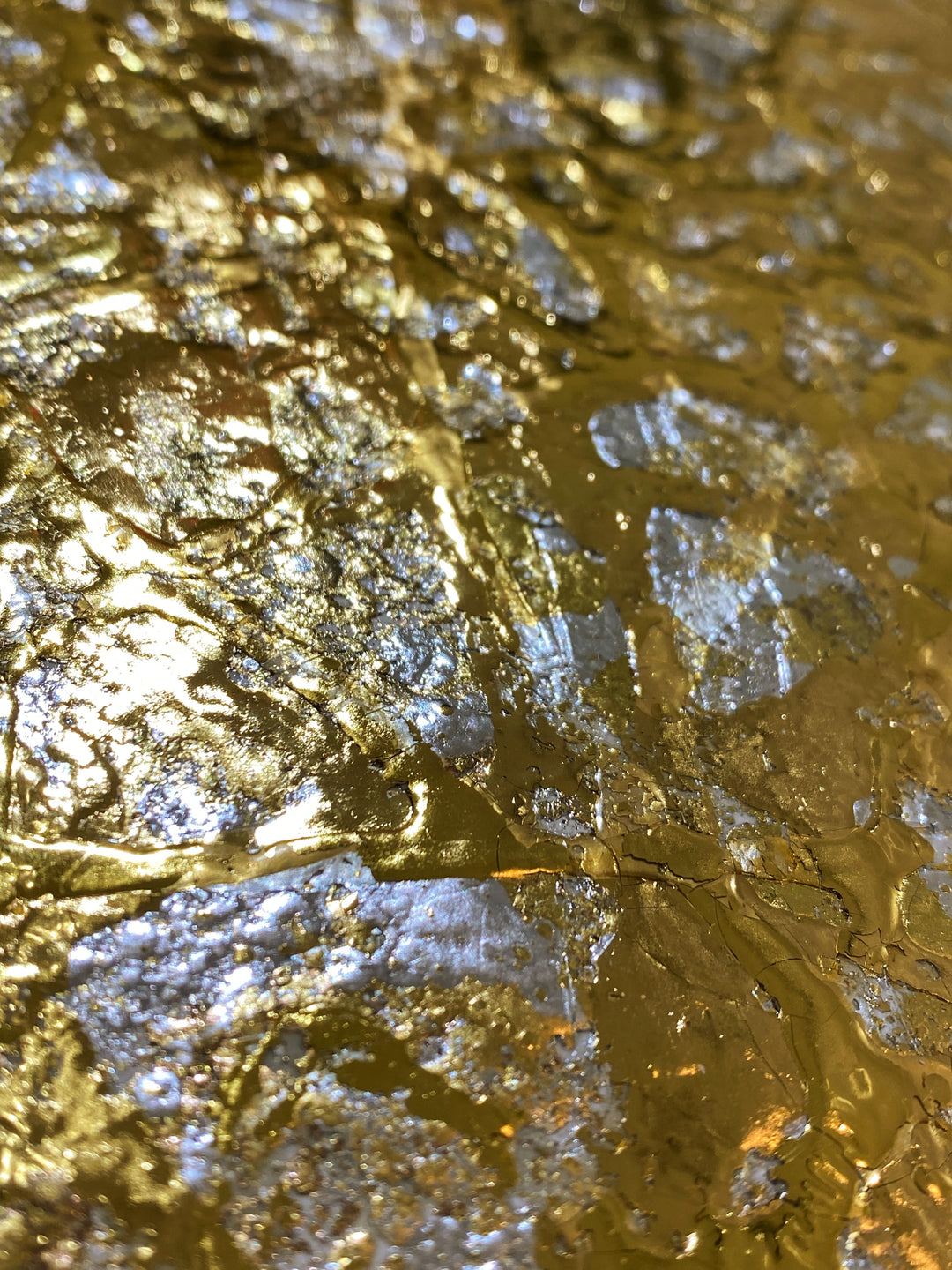 Detail of M. Clark "Golden Texture No. 265". Gold foil on illustration board mounted to 10.5"x8"x0.5" sintra panel. Abstract gold and silver textural painting.