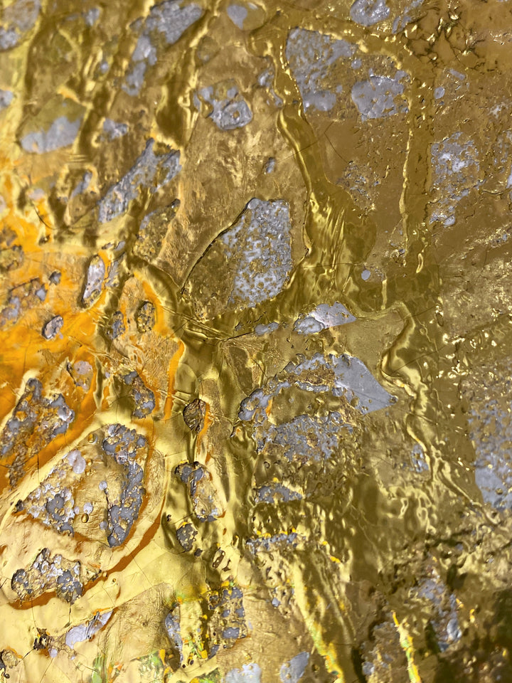 Detail of M. Clark "Golden Texture No. 265". Gold foil on illustration board mounted to 10.5"x8"x0.5" sintra panel. Abstract gold and silver textural painting.