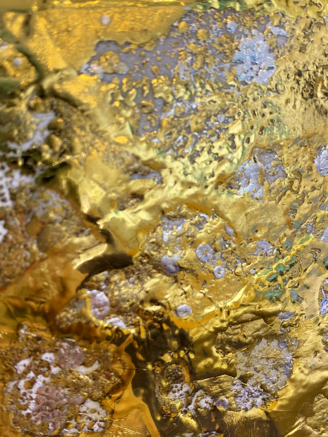 Detail of M. Clark "Golden Texture No. 265". Gold foil on illustration board mounted to 10.5"x8"x0.5" sintra panel. Abstract gold and silver textural painting.