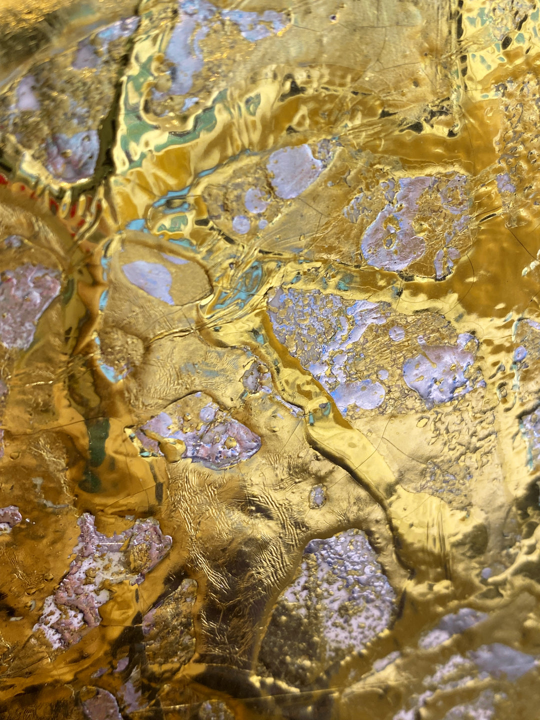 Detail of M. Clark "Golden Texture No. 265". Gold foil on illustration board mounted to 10.5"x8"x0.5" sintra panel. Abstract gold and silver textural painting.