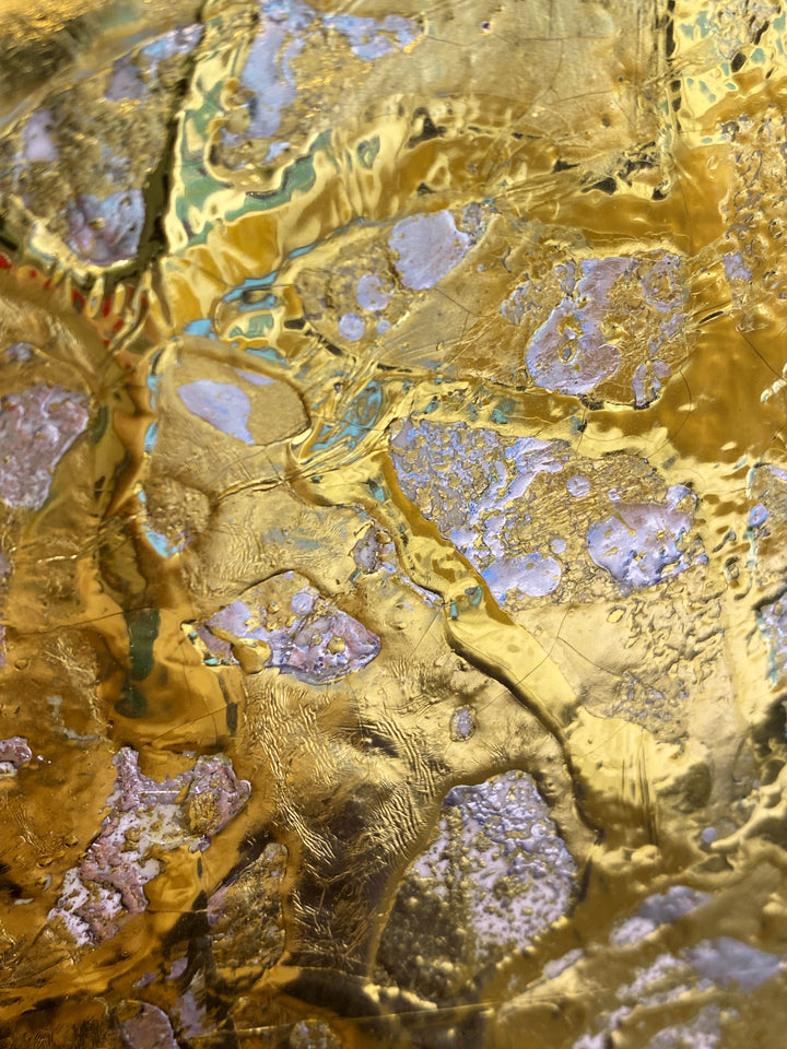 Detail of M. Clark "Golden Texture No. 265". Gold foil on illustration board mounted to 10.5"x8"x0.5" sintra panel. Abstract gold and silver textural painting.