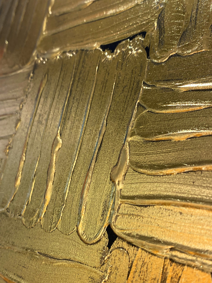 Detail of M. Clark "Golden Texture No. 305". Gold foil on 10.5"x8"x0.5" sintra panel. Abstract gold textural painting.