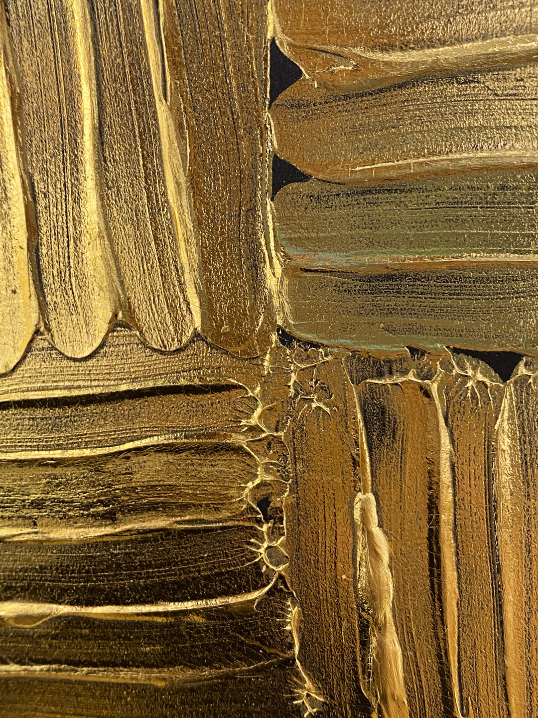 Detail of M. Clark "Golden Texture No. 305". Gold foil on 10.5"x8"x0.5" sintra panel. Abstract gold textural painting.