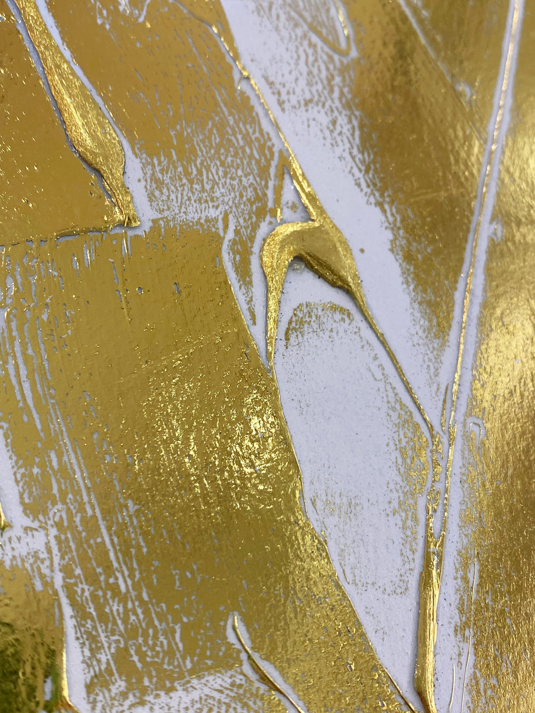 Detail of M. Clark "Golden Texture No. 325". Gold foil on illustration board mounted to 10.5"x8"x0.5" sintra panel. Abstract gold and white textural painting.