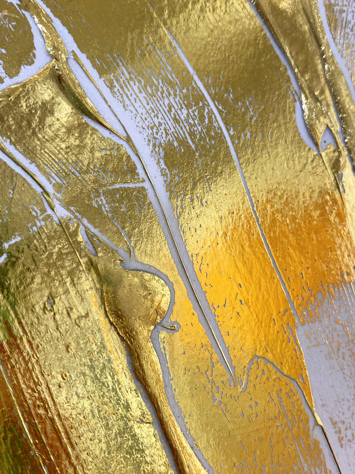 Detail of M. Clark "Golden Texture No. 325". Gold foil on illustration board mounted to 10.5"x8"x0.5" sintra panel. Abstract gold and white textural painting.