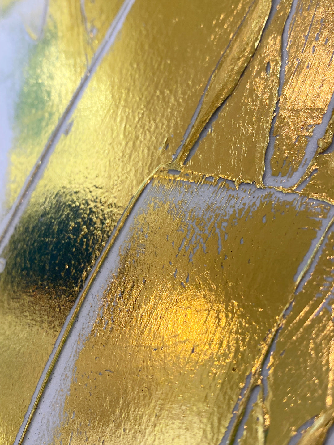 Detail of M. Clark "Golden Texture No. 325". Gold foil on illustration board mounted to 10.5"x8"x0.5" sintra panel. Abstract gold and white textural painting.