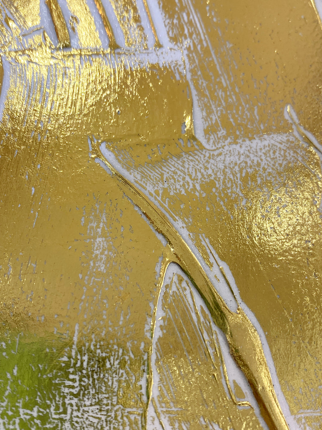 Detail of M. Clark "Golden Texture No. 325". Gold foil on illustration board mounted to 10.5"x8"x0.5" sintra panel. Abstract gold and white textural painting.