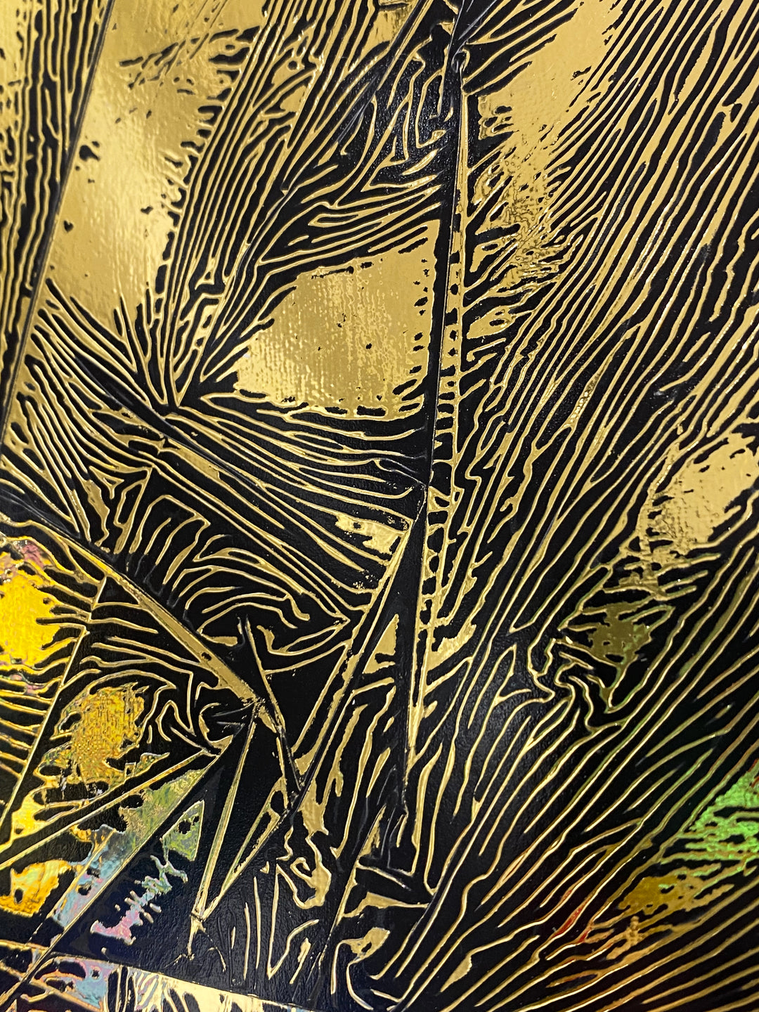 Detail of M. Clark "Golden Texture No. 355". Gold foil on illustration board mounted to 10.5"x8"x0.5" sintra panel. Abstract gold and black textural painting.