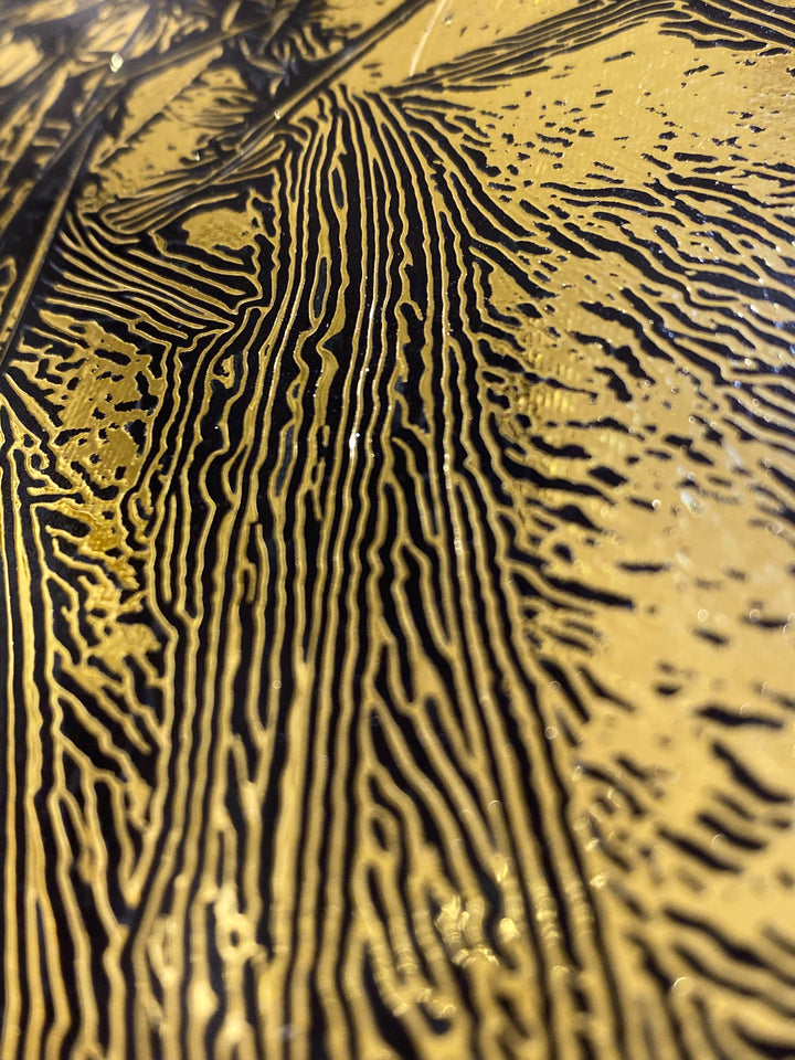 Detail of M. Clark "Golden Texture No. 355". Gold foil on illustration board mounted to 10.5"x8"x0.5" sintra panel. Abstract gold and black textural painting.