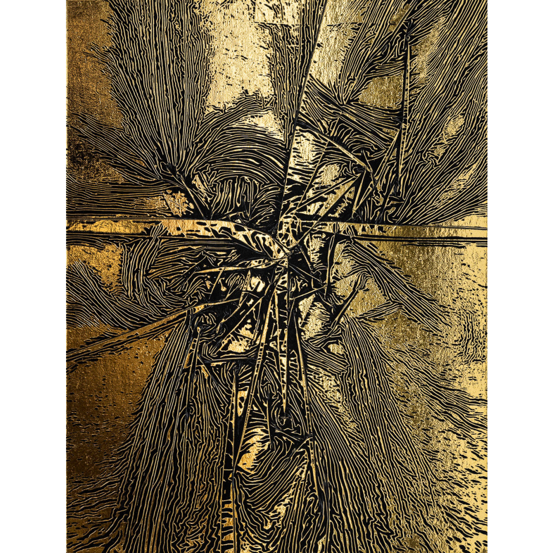 M. Clark "Golden Texture No. 355". Gold foil on illustration board mounted to 10.5"x8"x0.5" sintra panel. Abstract gold and black textural painting.