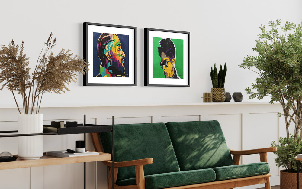 Nipsey Hussle and Prince, artworks by Suave Gonzalez, displayed in a home.