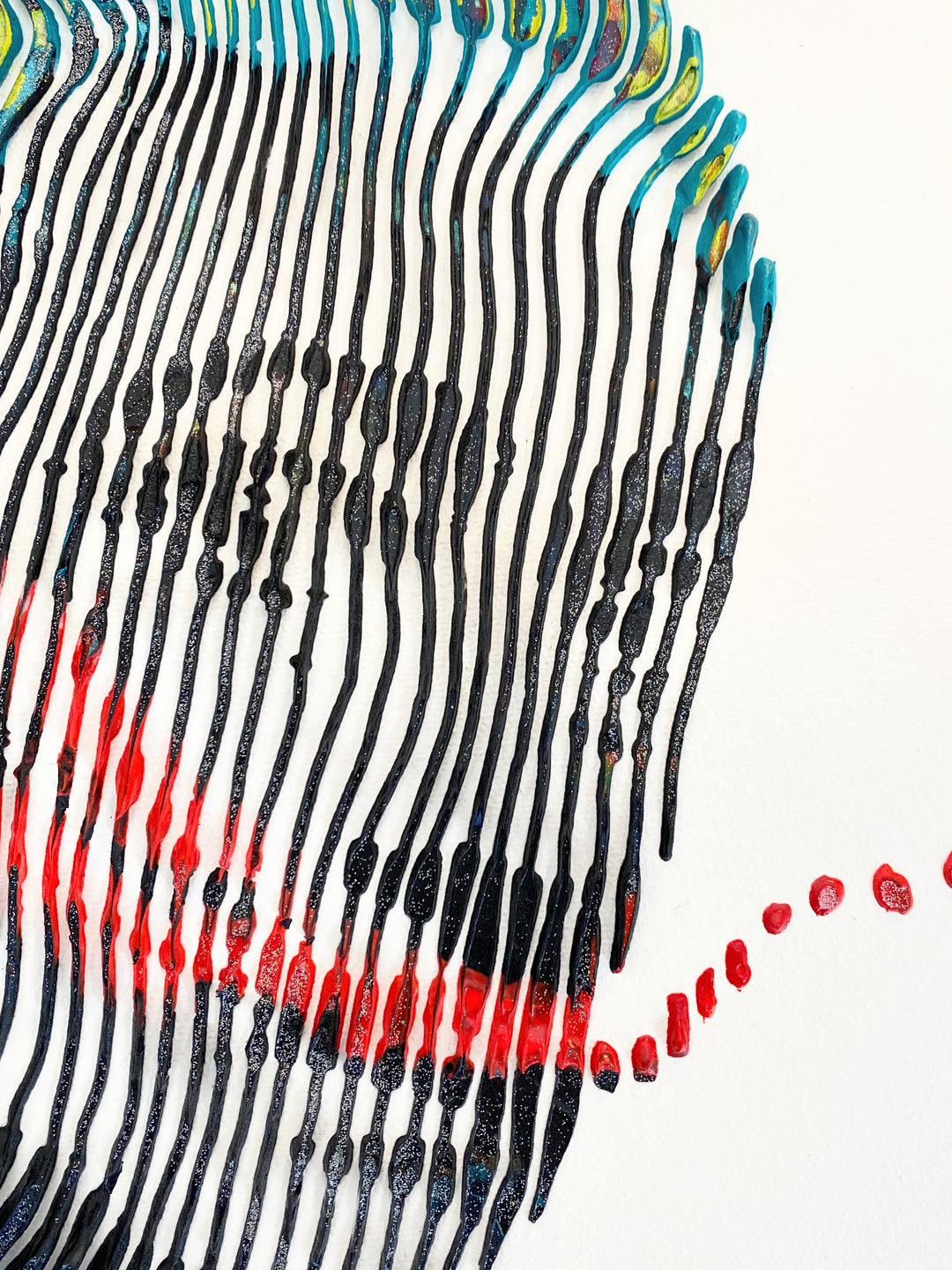 Detail of Virginie Schroeder "I Love Dali Forever", 10" x 10" white and multicolor abstract painting. Acrylic and oil on canvas.