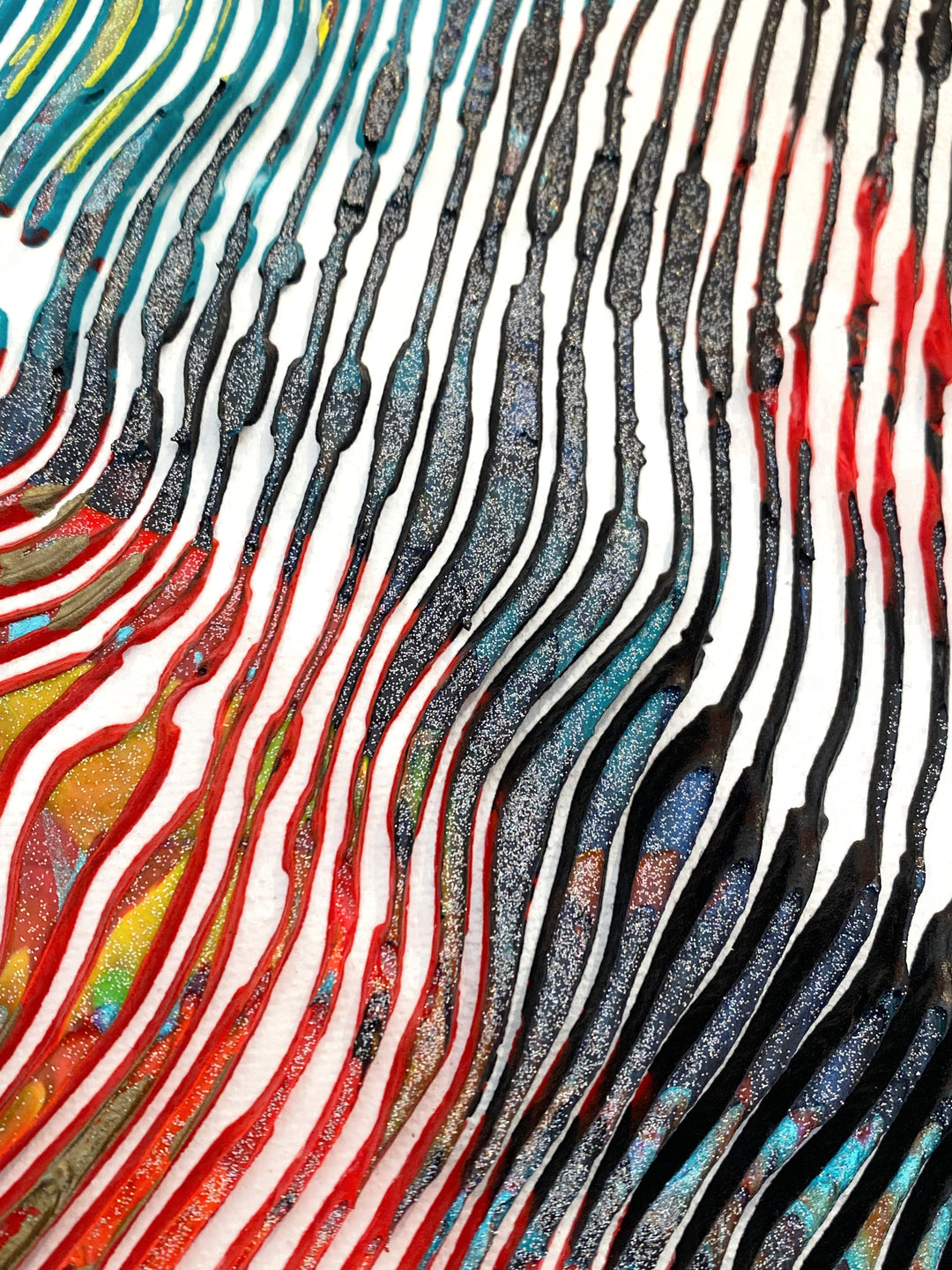 Detail of Virginie Schroeder "I Love Dali Forever", 10" x 10" white and multicolor abstract painting. Acrylic and oil on canvas.
