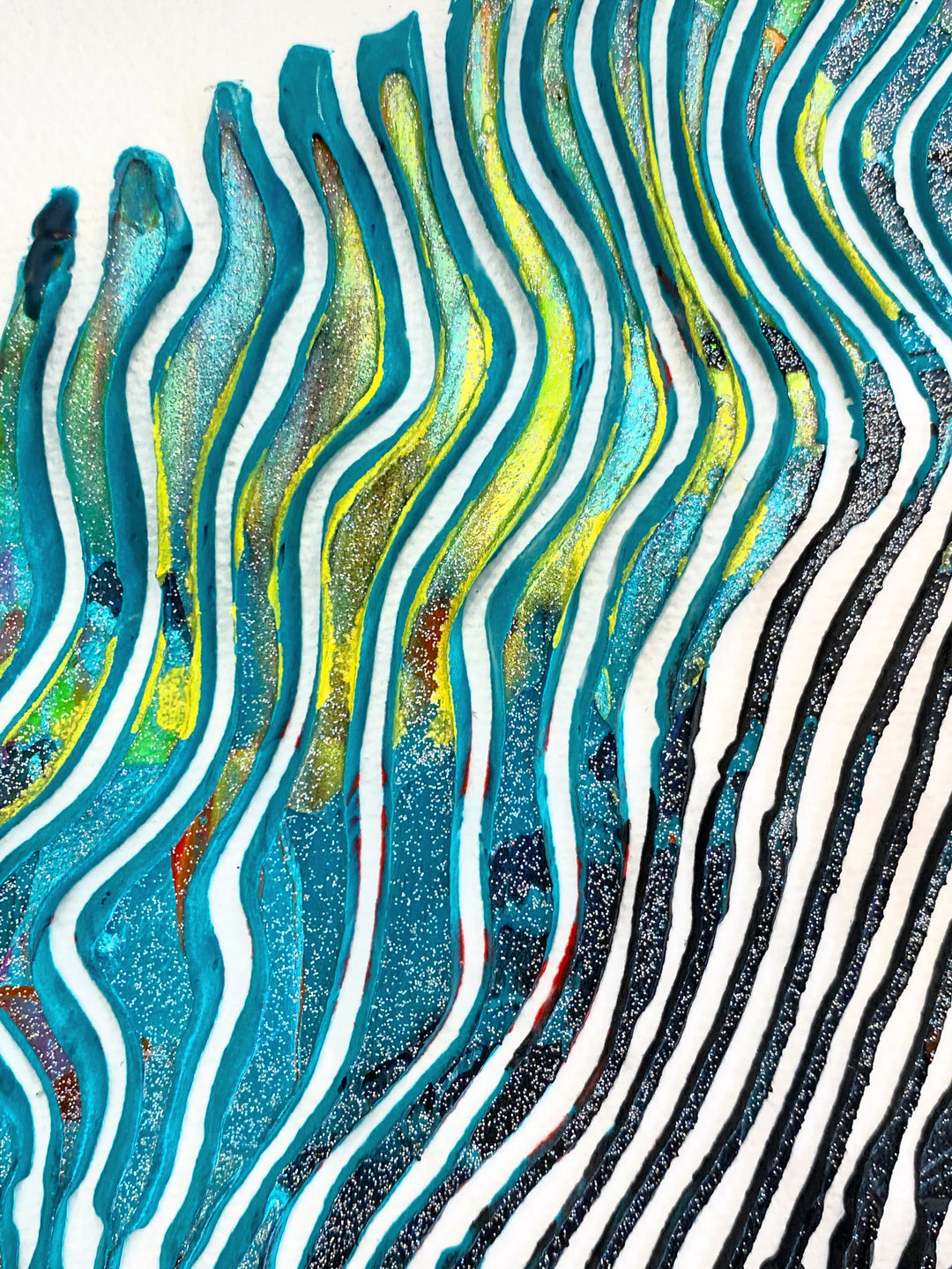 Detail of Virginie Schroeder "I Love Dali Forever", 10" x 10" white and multicolor abstract painting. Acrylic and oil on canvas.