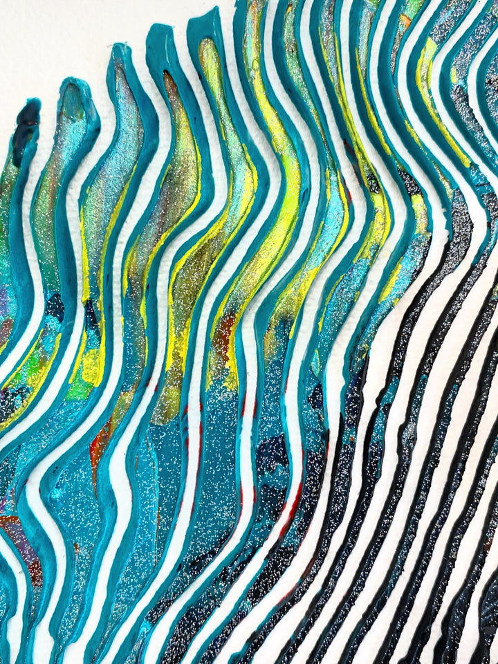 Detail of Virginie Schroeder "I Love Dali Forever", 10" x 10" white and multicolor abstract painting. Acrylic and oil on canvas.
