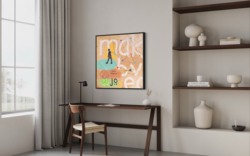 Jupiter Potato by Bob Landstrom. Artwork of beige and colorful pigmented volcanic rock on canvas, abstract and geometric with a gentleman walking.