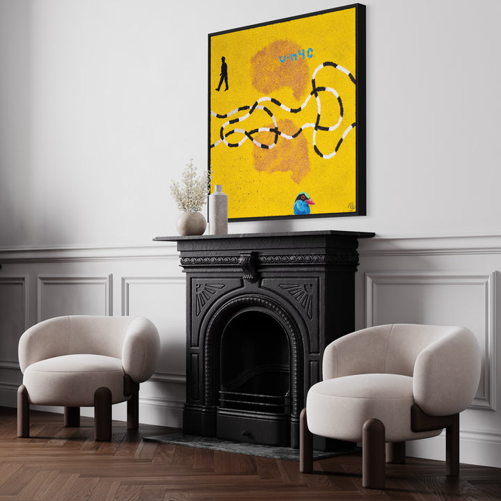 Bingo Bombard by Bob Lanstrom. Yellow pigmented volcanic rock on canvas, abstract artwork featuring a blue bird and a gentleman walking.