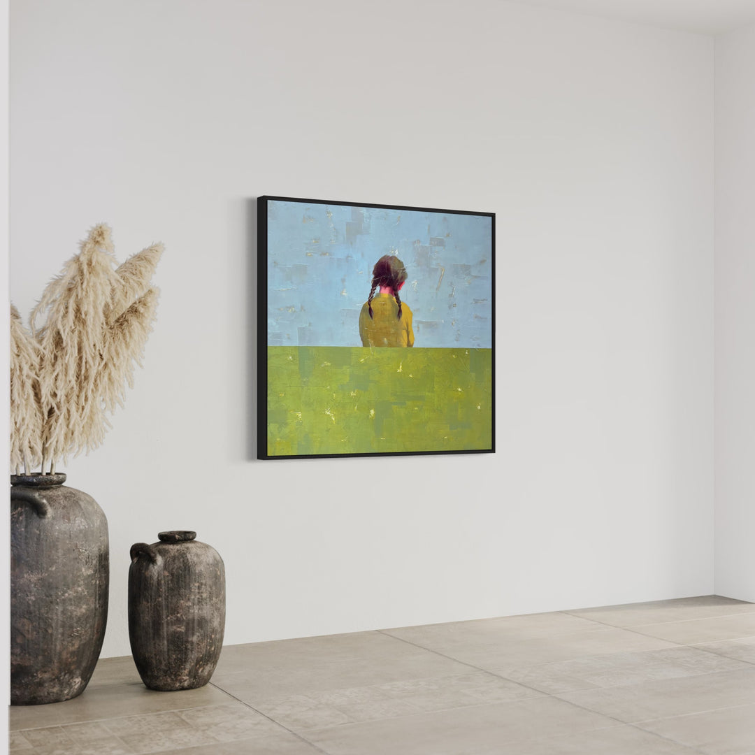 Undefined Time painting by Tomasa Martin, 40" x 40". Oil and acrylic on linen painting of a girl with braids facing away from the viewer, in blue green and yellow.