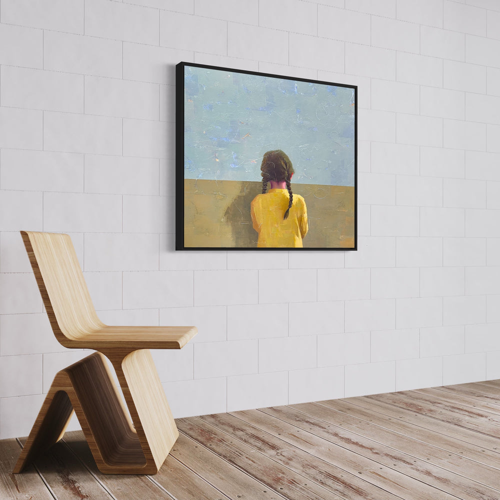 Behind the Wall, 40 x 40" oil and acrylic painting by Tomasa Martin on linen. Painting of a girl with braids facing away from the viewer, looking over a wall.