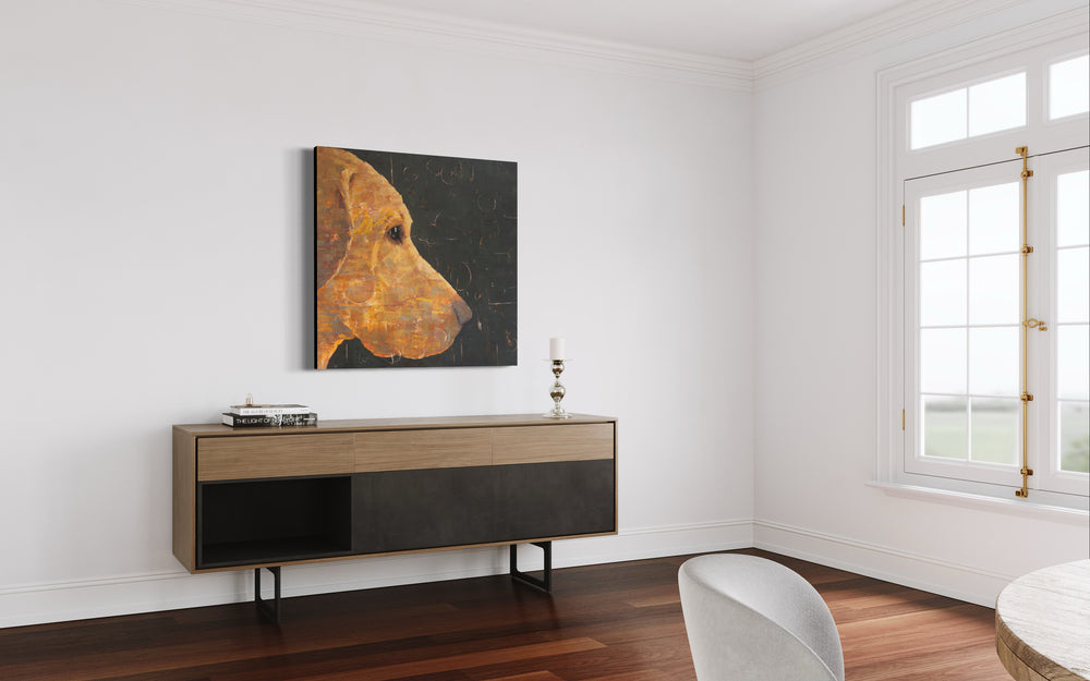Waiting II, artwork by Tomasa Martín sized 40" x 40". Oil and acrylic on linen, painting  of a golden retriever seemingly waiting for their owner to come home.