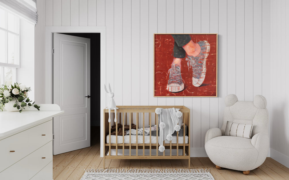 Fons Vermell, 40" x 40" artwork by Tomasa Martín. Oil and acrylic on linen painting of gray sneakers on a red background.