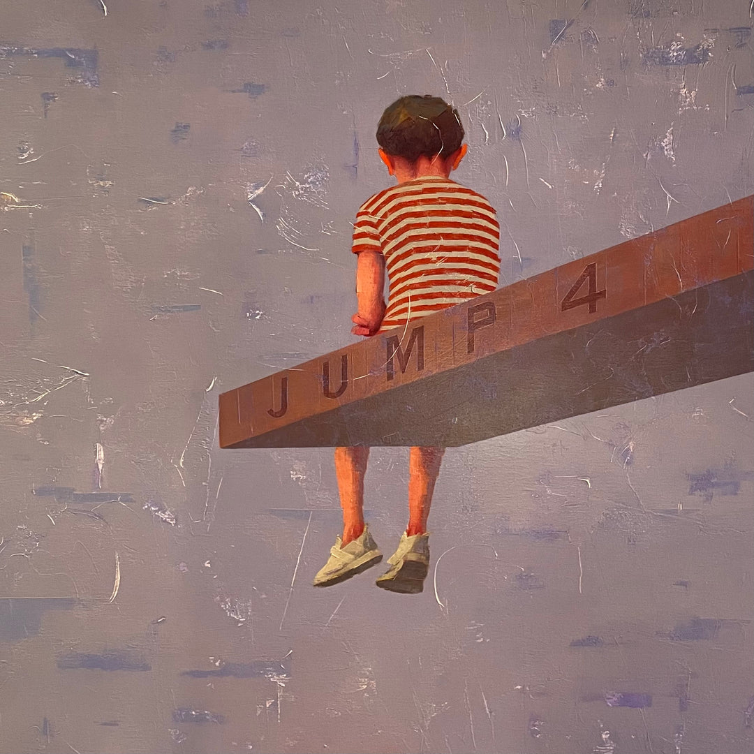 Observatory IV, 40 x 40" painting by Tomasa Martin. Oil and acrylic on linen painting of a boy in a red and white striped shirt sitting on the edge.