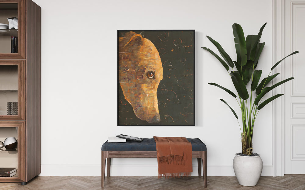 Shy Dog, 32 x 40" oil and acrylic painting on linen by Tomasa Martin. Painting of a golden dog looking at the viewer, on a charcoal gray background.