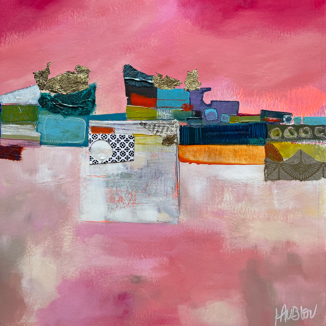 Matin Tout Doux, artwork by Lau Blou. Acrylic paint, fabric, and gold leaf on cardboard. 14 by 14 inches.