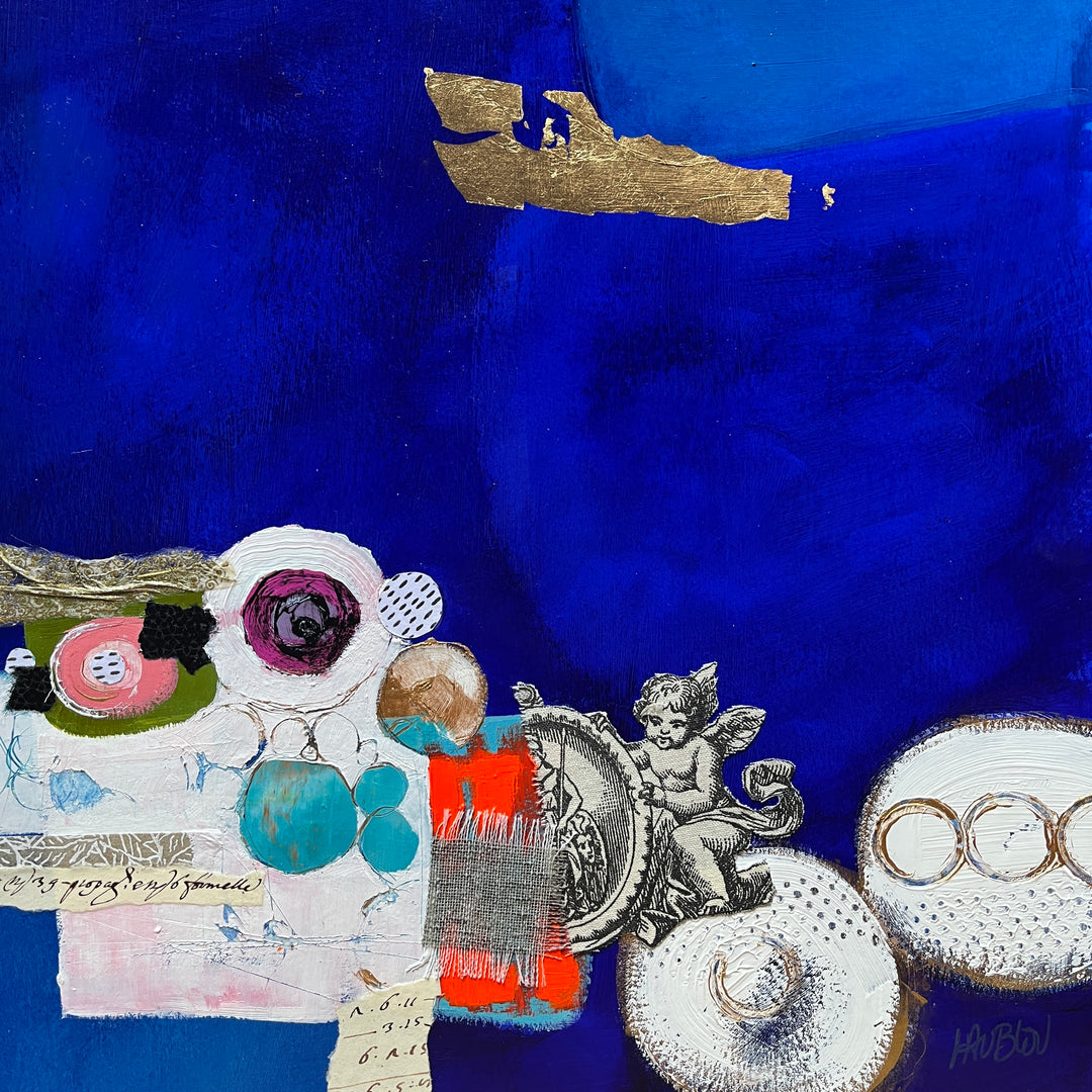 Le Gardieu Du Temps, artwork by Lau Blou. Acrylic paint, fabric, and gold leaf on cardboard. 14 by 14 inches.